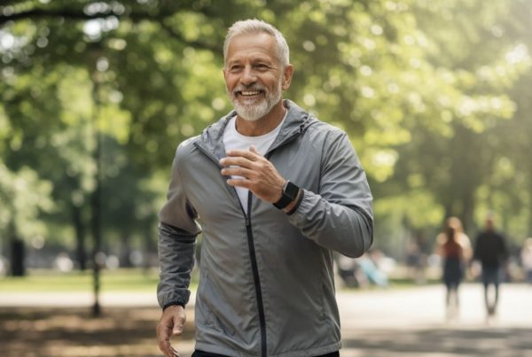 Elderly man running in a park with a smartwatch on his wrist