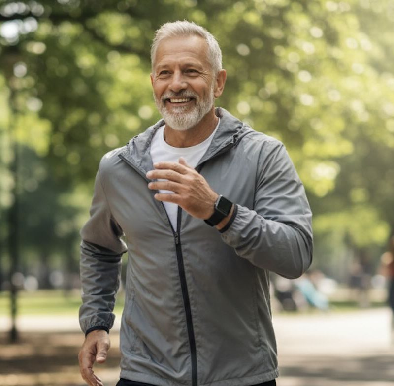 Elderly man running in a park with a smartwatch on his wrist