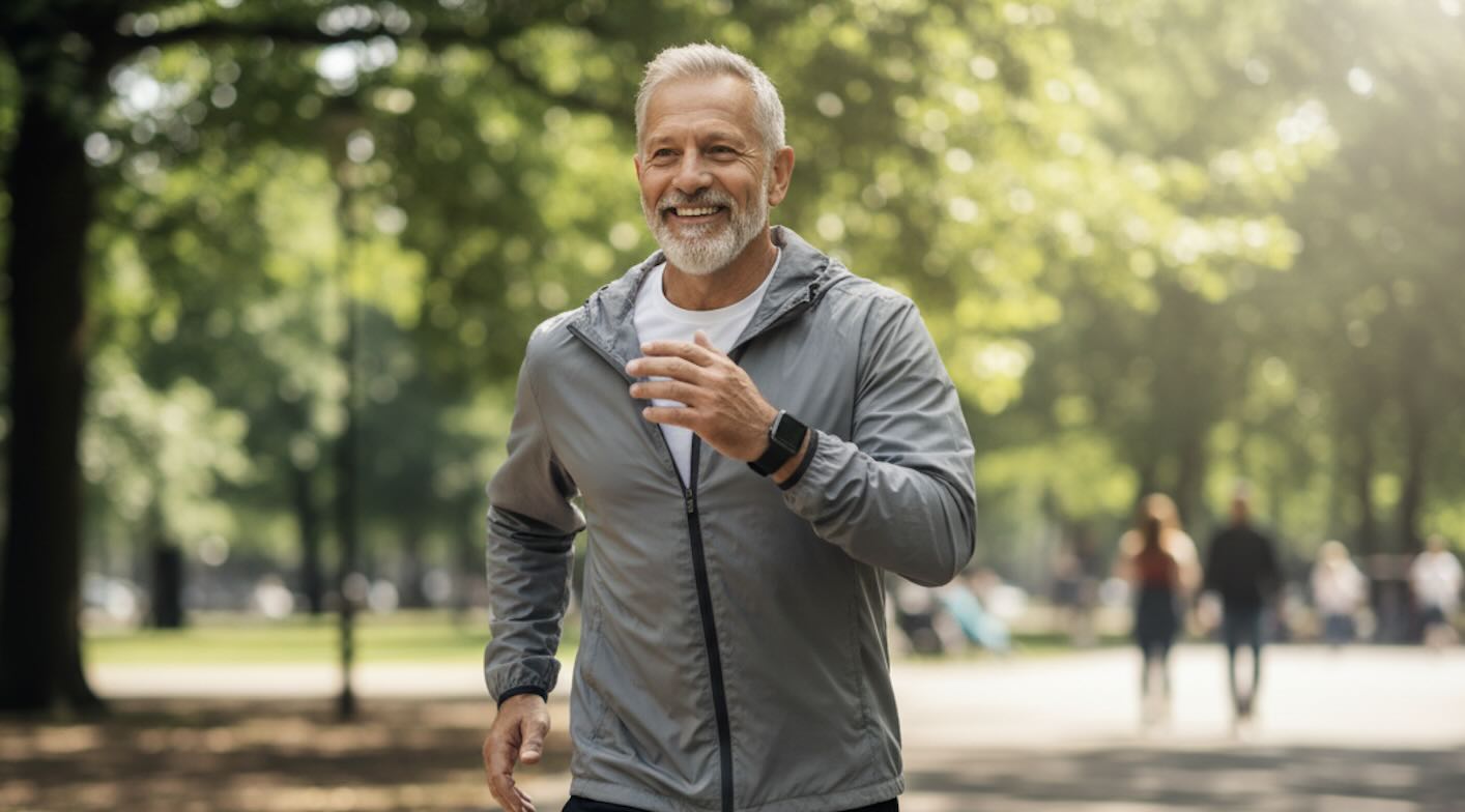 Elderly man running in a park with a smartwatch on his wrist