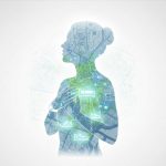 the silhouette of a person breathing, merged with a digital map showing air quality patterns and weather data nodes. Inside the silhouette, glowing icons of smart sensors.