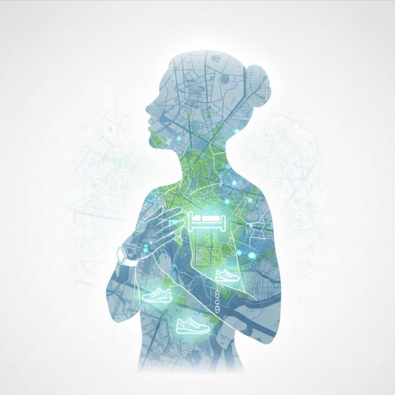 the silhouette of a person breathing, merged with a digital map showing air quality patterns and weather data nodes. Inside the silhouette, glowing icons of smart sensors.